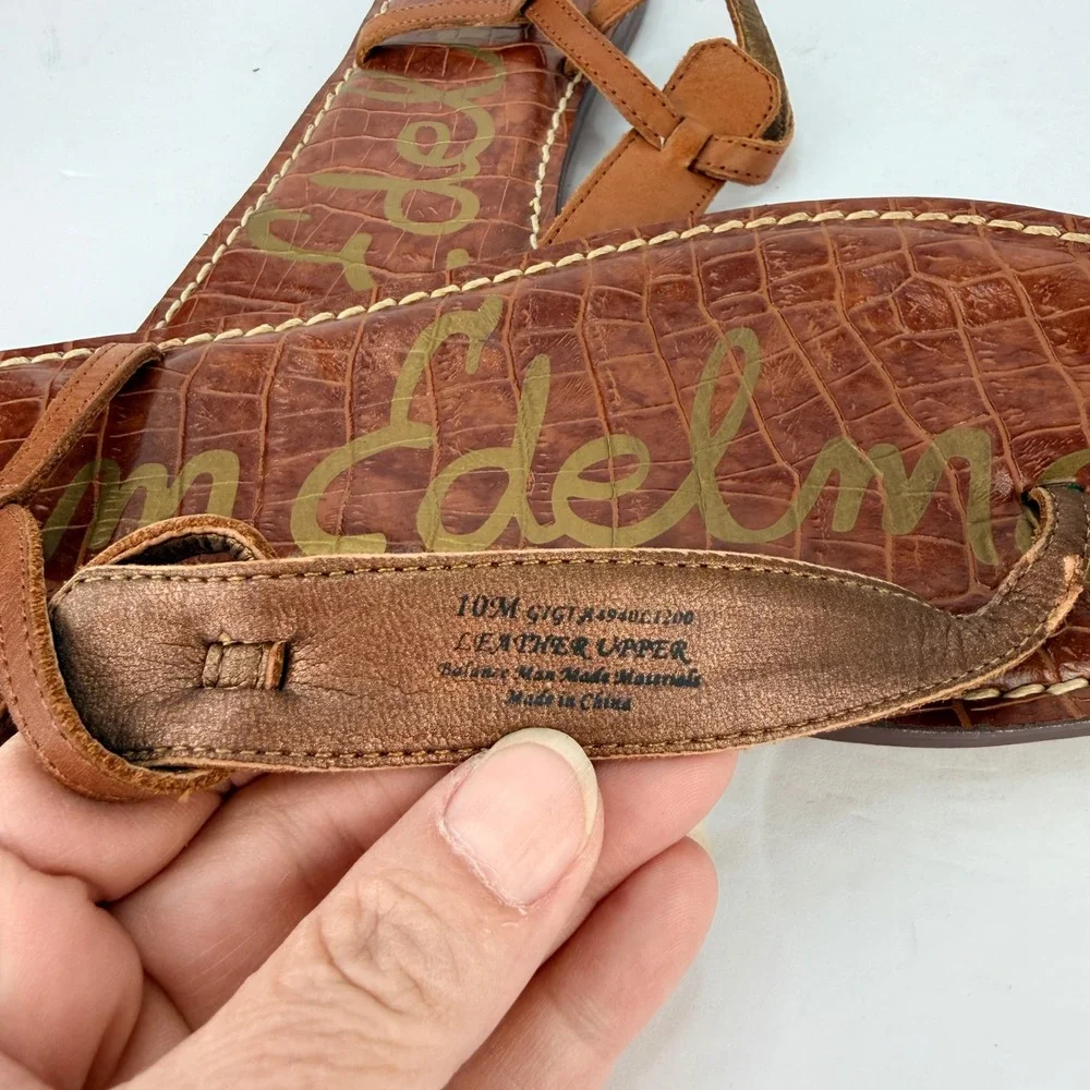 EUC Sam Edelman 10 Women Sandals Gigi Brown Croc Embossed Leather T-Strap Thong